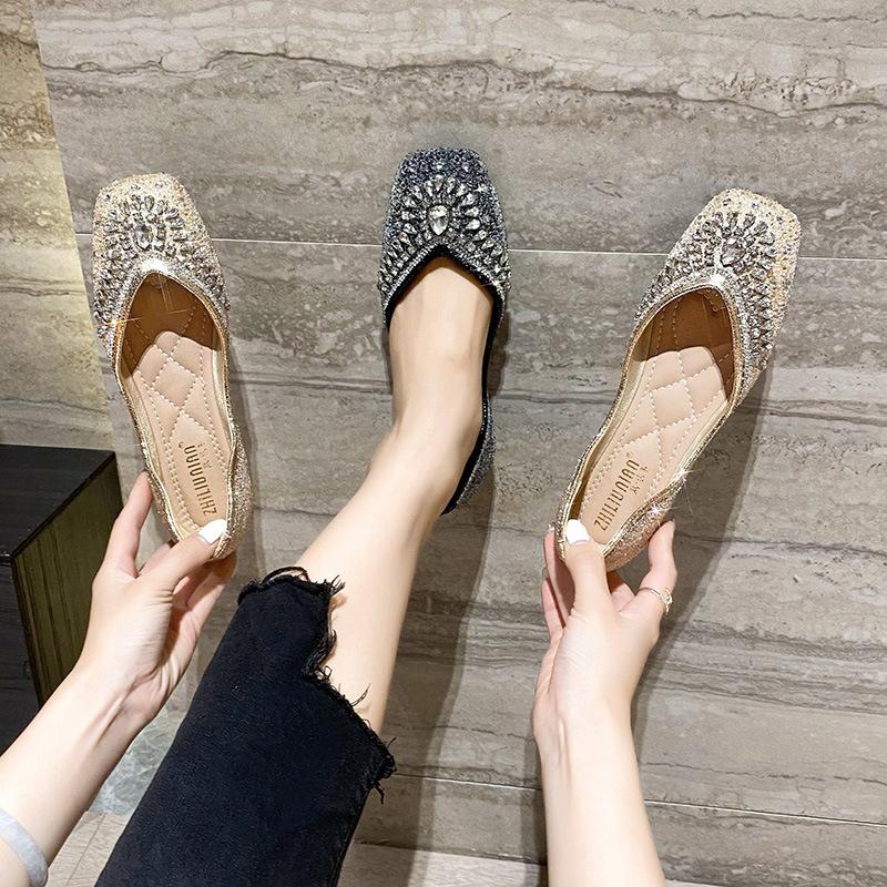 Single Shoes Women's Summer Full Rhinestone Boat Shoes Summer New Shiny Flat Shoes Square Head Ladyshoes Women's Fashion Single Shoes Versatile