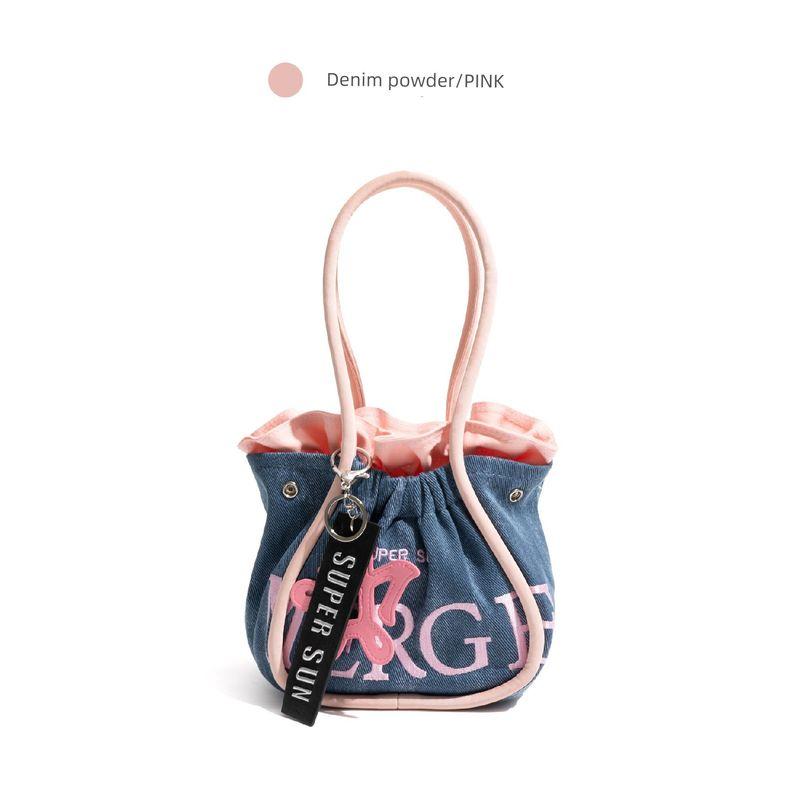 

Stylish Studio Korean Style Lazy Black Pink Canvas Bag Women s Embroider Handbag Large Capacity Shoulder Tote Bag Denim powder