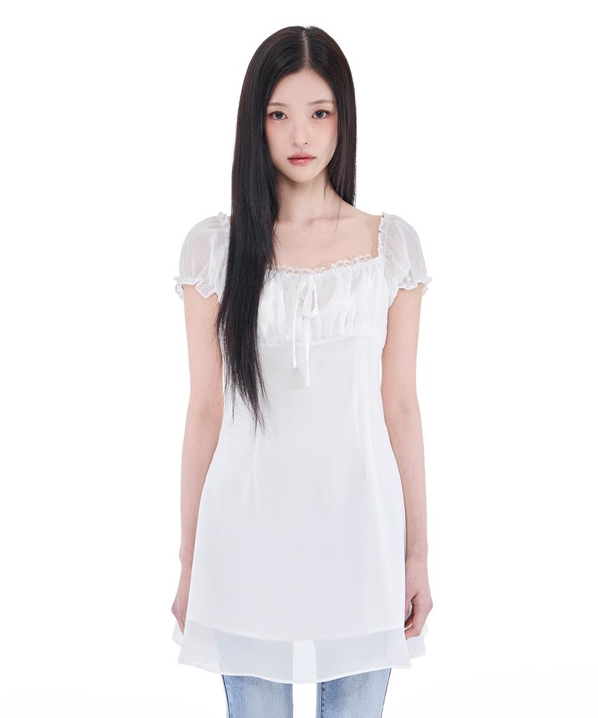 Alkialka Puff Chiffon Mini Dress (Ivory)