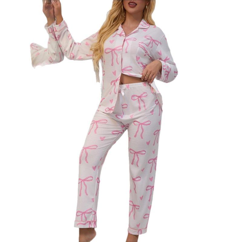Women's Long-Sleeve Cardigan with Turn-Down Collar Top and Long Pants—Pajama and Loungewear Set for Women