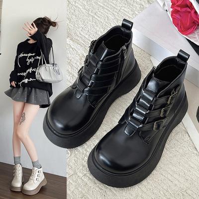 Fashion Mori Literary Retro Leisure Short Boots Belt Buckle Decor Chunky Heel Platform Ankle Boots Thick Sole Big Head Women Boots