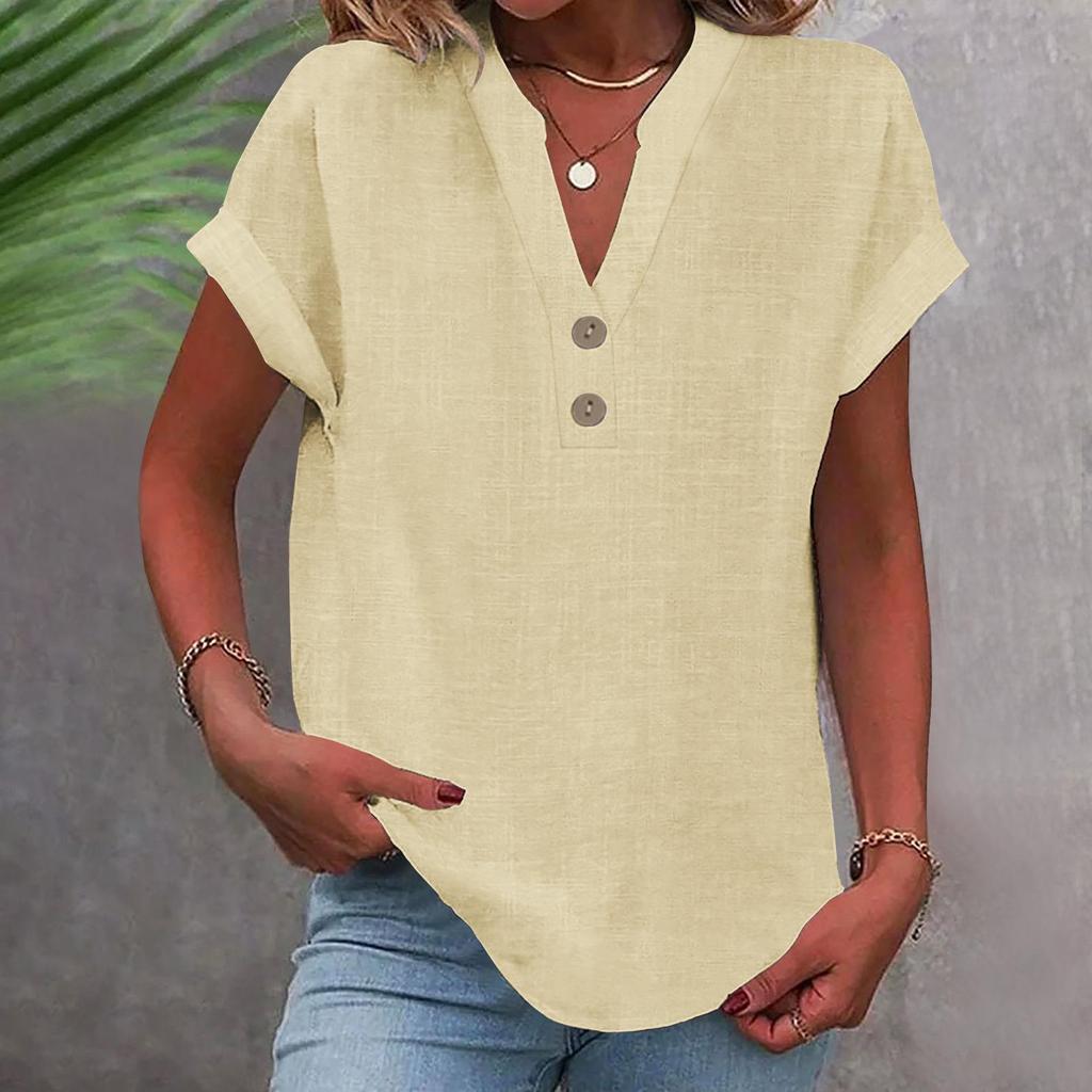 2025 Women's Solid Color V-Neck Buttoned Cotton-Linen Short-Sleeve Top