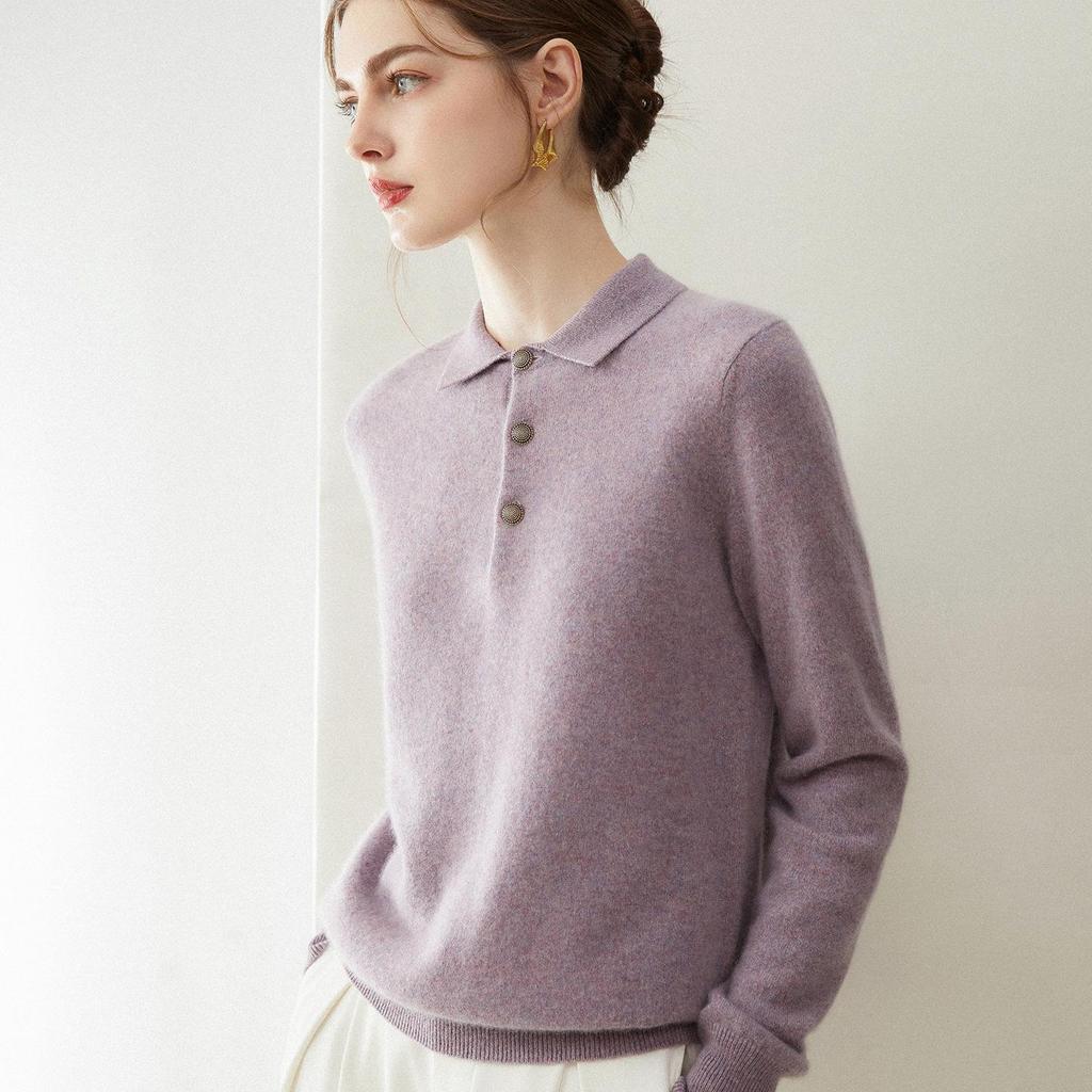 Women's 100% Pure Cashmere Lapel Sweater, Loose Fit, Long Sleeve Knitwear Top for Autumn/Winter