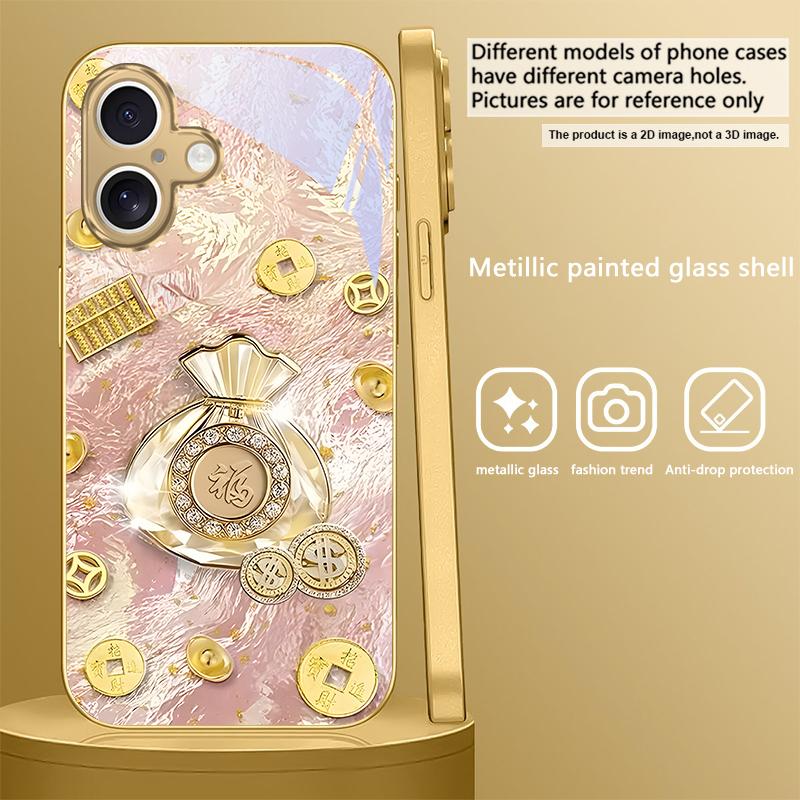 

Счастливый мешок благословений Для iPhone 17 Pro Max 16 16E 15 14 13 Plus 12 mini 11 15Pro 17 Air XR X 17ProMax Золотой стеклянный чехол для телефона iPhone 13 mini