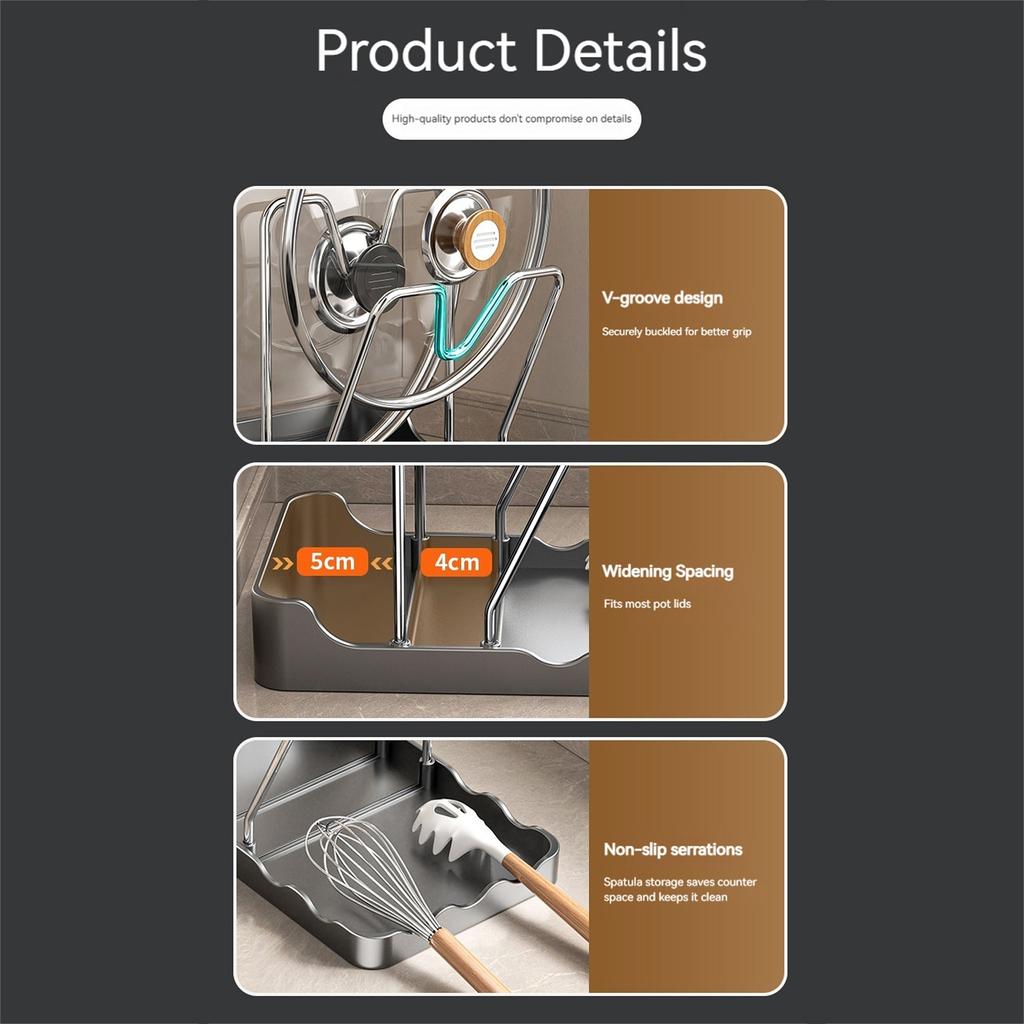 Multifunctional Stainless Steel Pot Lid Organizer with Spoon Rest Utensils Pan Pot Cover Lid Rack Shelf for Kitchen Counter