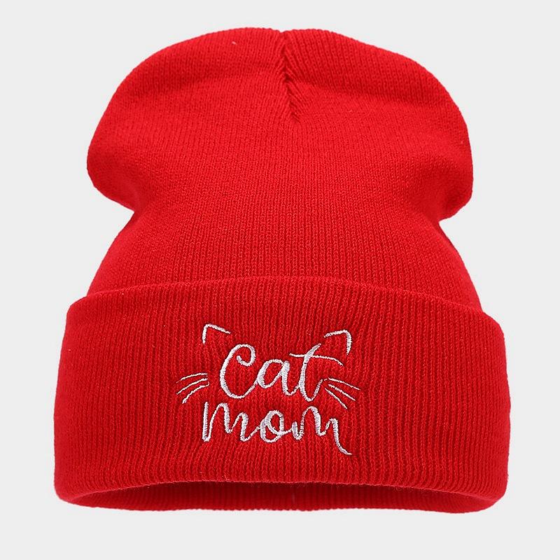 New Cute Cat Mom Embroidery Simple Pile Hat Women's Autumn and Winter Fashion Warm Wool Hat Light Mother Hat