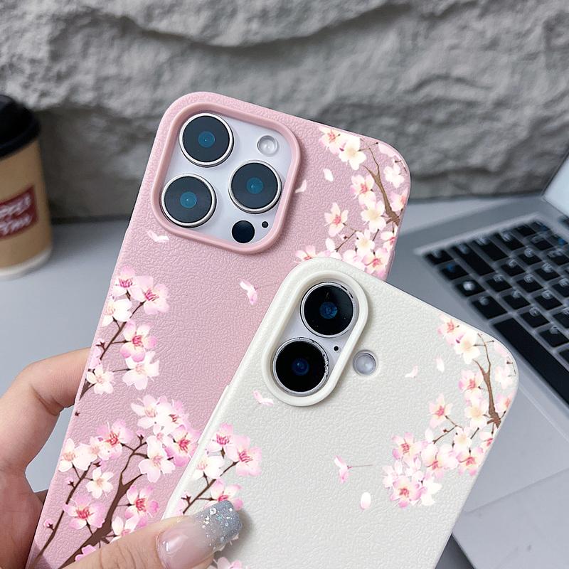 Pink Peach Blossoms Floral Pattern Case For iPhone 17 Pro Max Funda iPhone 16 Pro Max 15 14 13 12 11 Air 16E Leather Texture Silicone Cover