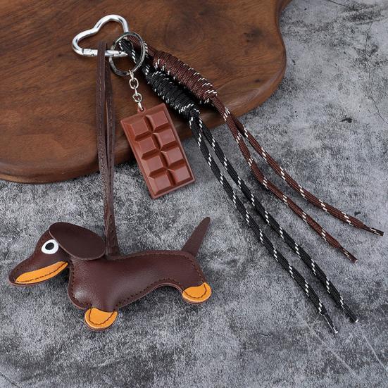 Dachshund Keychain Pendant Faux Leather Pendant, Cartoon Dog Hanging Decor with Braided Rope, Handbag Decorative Accessories Metal Carabiner Charm