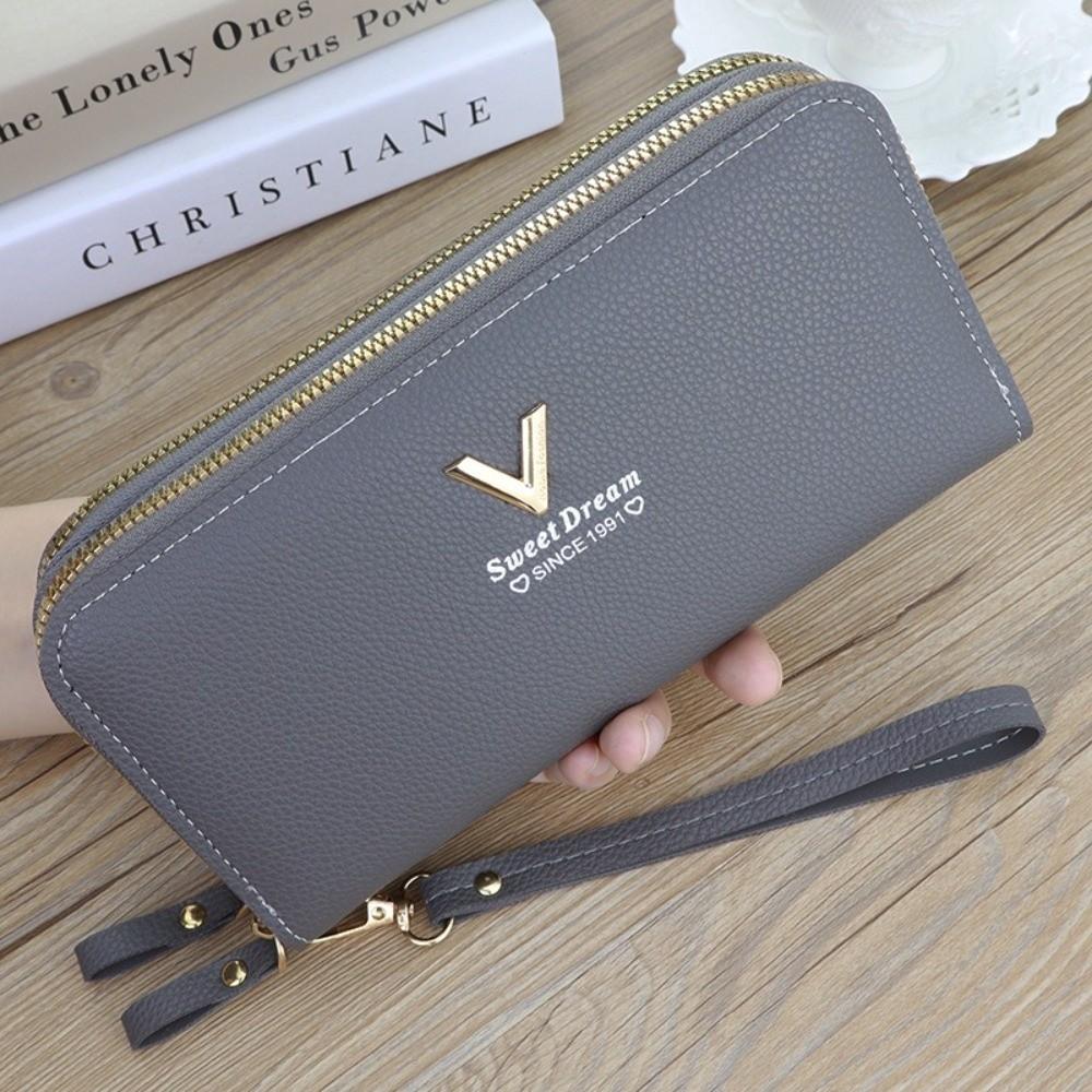 

Fashion Double Zipper Long Wallet Large Capacity PU Leather Card Holder Multifunctional Purse Women сірий