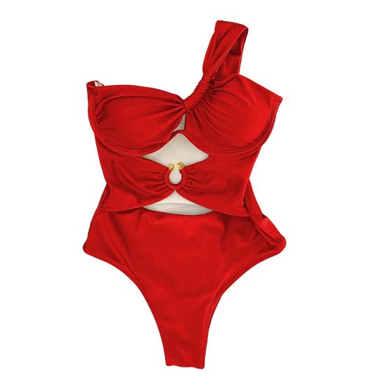 Women One-Piece Swimsuit One Shoulder Padded Steel Support Metal Buckles Monokini Sexy S-Shaped Figure