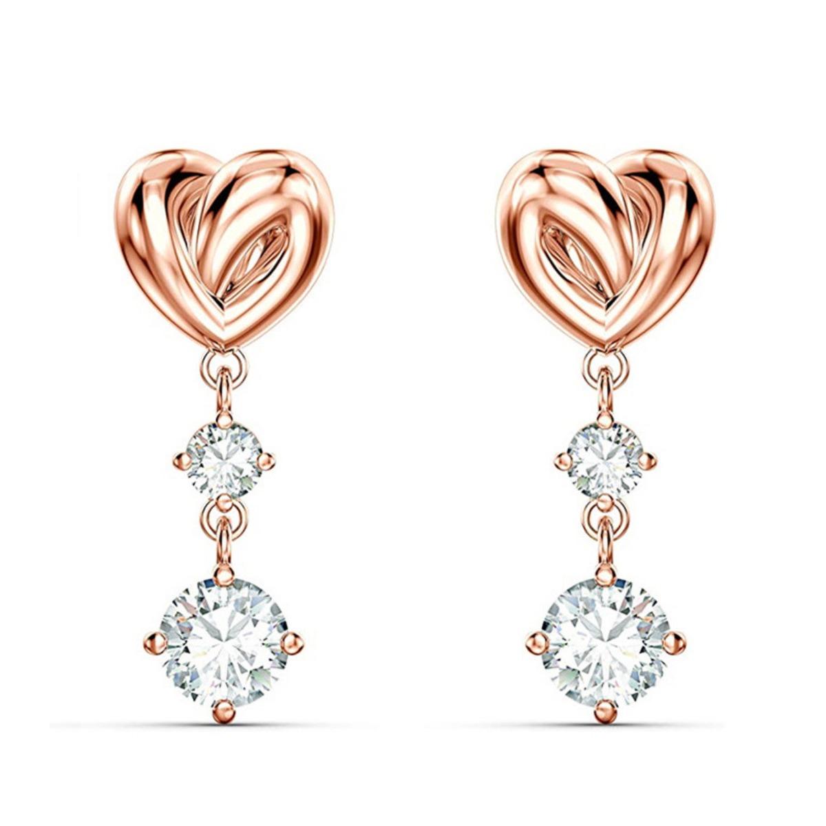 Rose Gold Tone Twisted Heart Drop Earrings with Graduated Clear Stones Women Jewelry