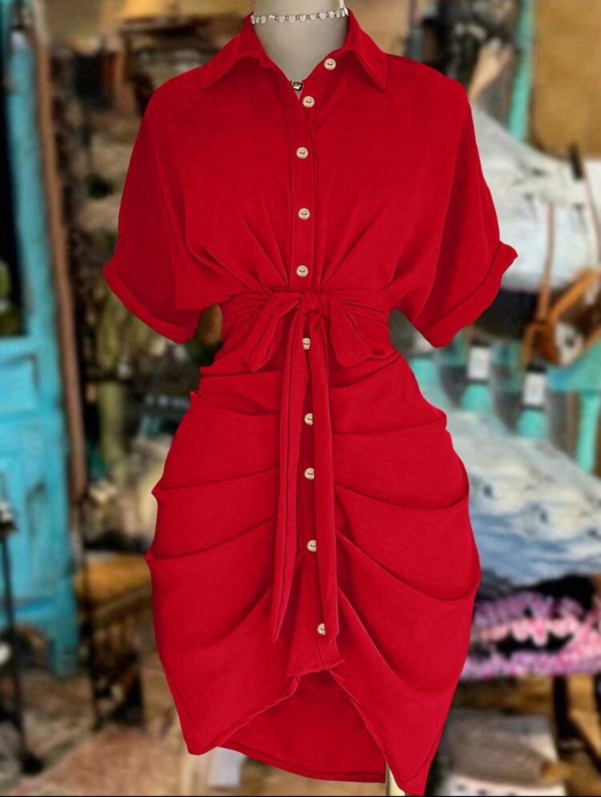 

Elegant European & American Style Lace-up Shirt Dress with Adjustable Lapel and Waist-cinching Design - Fashionable Women s Attire for 2026. XL червоний