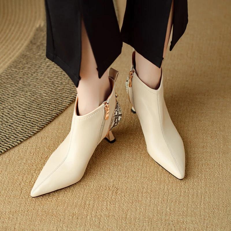 Fashion NEW Autumn Women Boots Pointed Toe Kitten Heel Shoes Split Leather Shoes for Women Mixed Colors Ankle Boots Elegent Zipper Boots