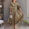 Vintage Women Puff Sleeve Leopard Print Buttons Up Long Pleated Dress