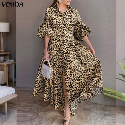 VONDA Vintage Women Puff Sleeve Leopard Print Buttons Up Long Pleated Dress