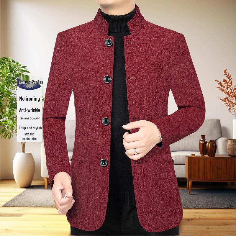 Men's Ethnic Style Woolen Stand-Up Collar Jacket - Business Casual, Warm Winter Wear for Middle-Aged Dads