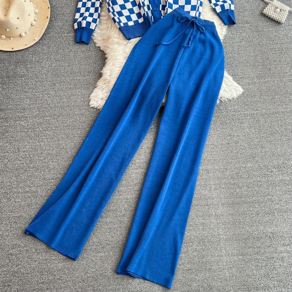 Herbst Vintage Marke Plaid Gestrickte Pullover Hose 2 Stück Set Frauen Trainingsanzug Einreiher Mantel + Knöchel Länge Hosen Outfits