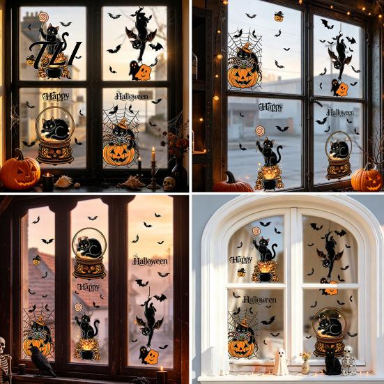 Outdoor Balcony Scene Setting 4Pcs Halloween Cartoon Window Clings, Pumpkin Ghost Scarecrow Stickers, Decorative Glass Decals for Party