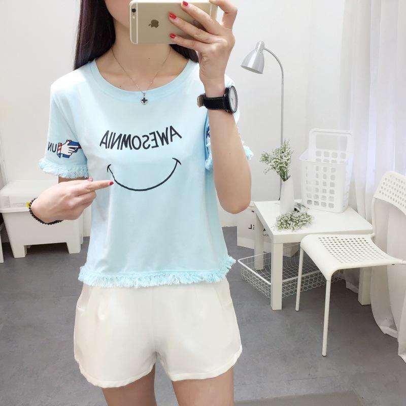 

Новая летняя свободная футболка с короткими рукавами и кисточками, женская футболка-рубашка для студенток, улыбка XXL синий