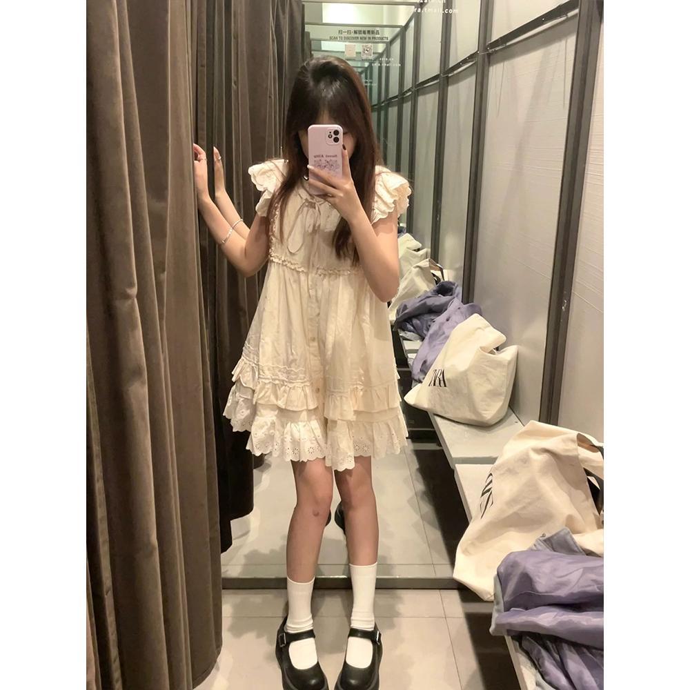 Vintage Milk Sweet Small Fly Sleeve Dress Women's Summer Fungus Lace Princess Doll Short Dress Small Man
