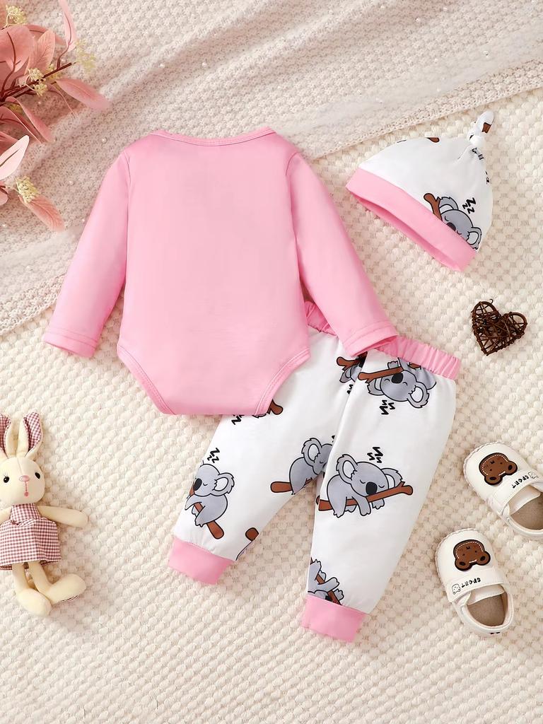 Newborn Baby Girl Clothing Set Cute Koala Long Sleeve Top+ Pants+Hat 3PCS Outfits for 1-18 Months Infant Girl Spring&Autumn Wear