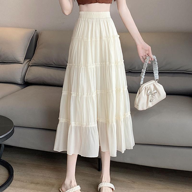 Chiffon Midi Skirt for Women - Spring/Summer Patchwork Ruffle Tiered Cake Skirt with Elastic Waist, Hip-Covering A-Line & Full Flared Design