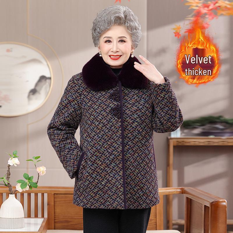 Mom's Winter Wool Coat for Middle-aged & Elderly: Thick Velvet Wool Top for Autumn/Winter, Grandma's Warm Outfit