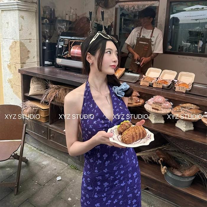 

[Original practice + invisible zipper] V-neck neck dress women s summer and Korean temperament slim and thin Spice girl skirt S