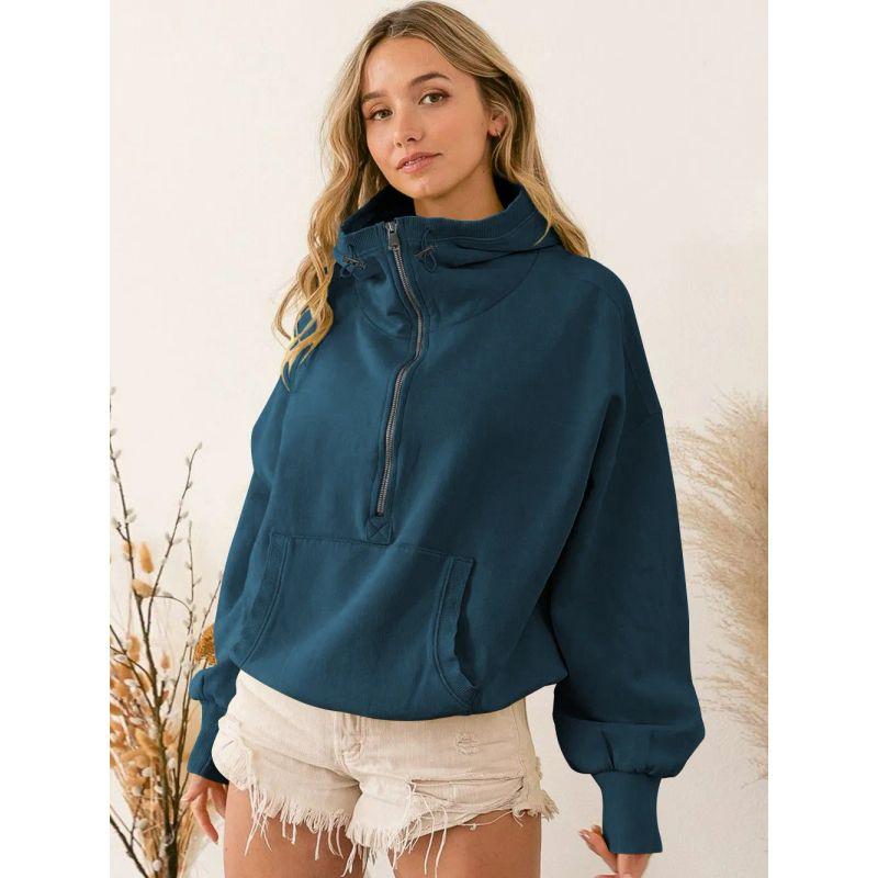 

Amazon New Hoodie European and American Women clothes Fashion Brand Sports Hooded T-shirt Zip-up Drawstring Long sleeve Top Outerwear EWQD018 Blue XL