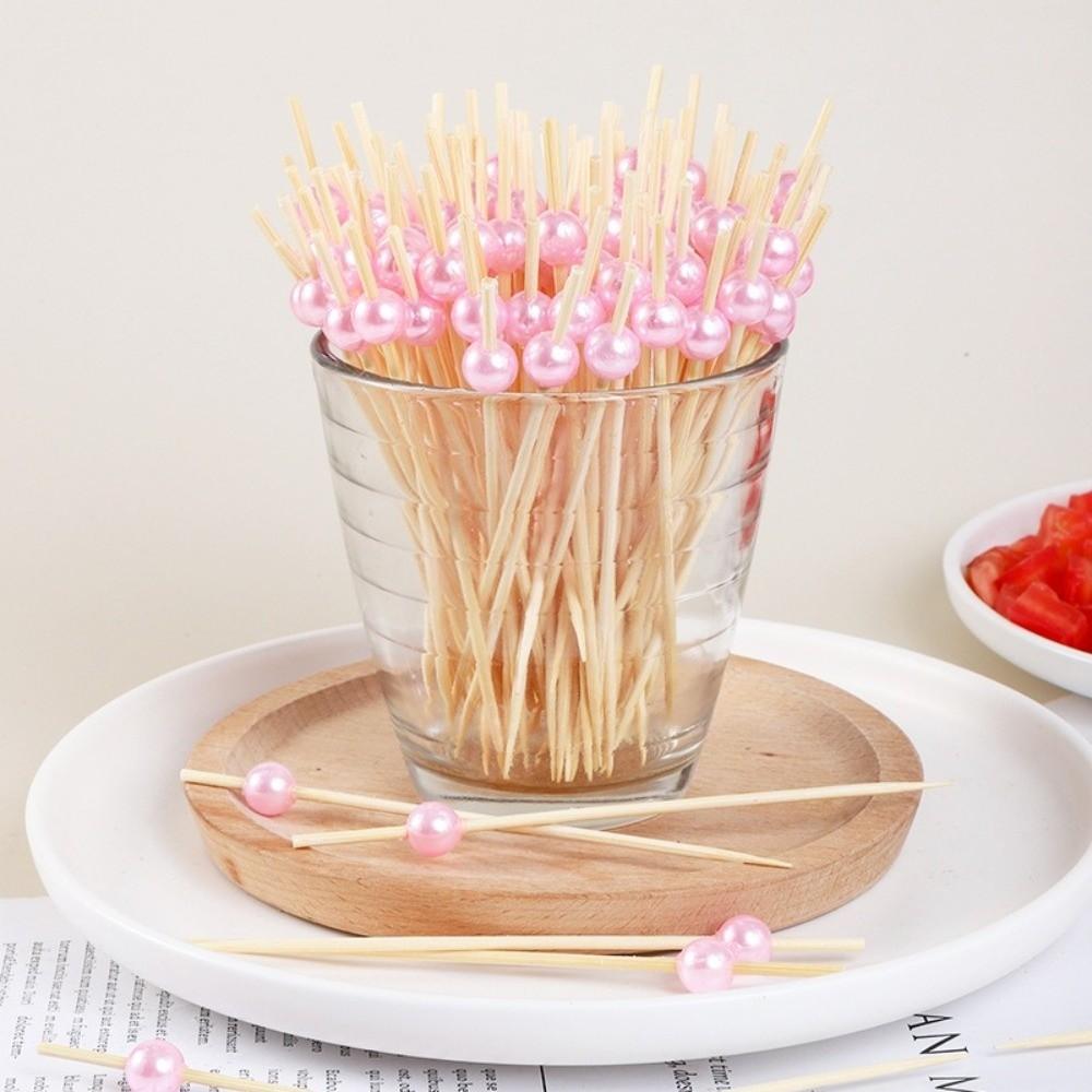 100pcs 12cm Length Bamboo Food Picks Versatile Disposable Pearl Fruit Picks Snack Fork Skewer Toothpick Skewer Wedding Party