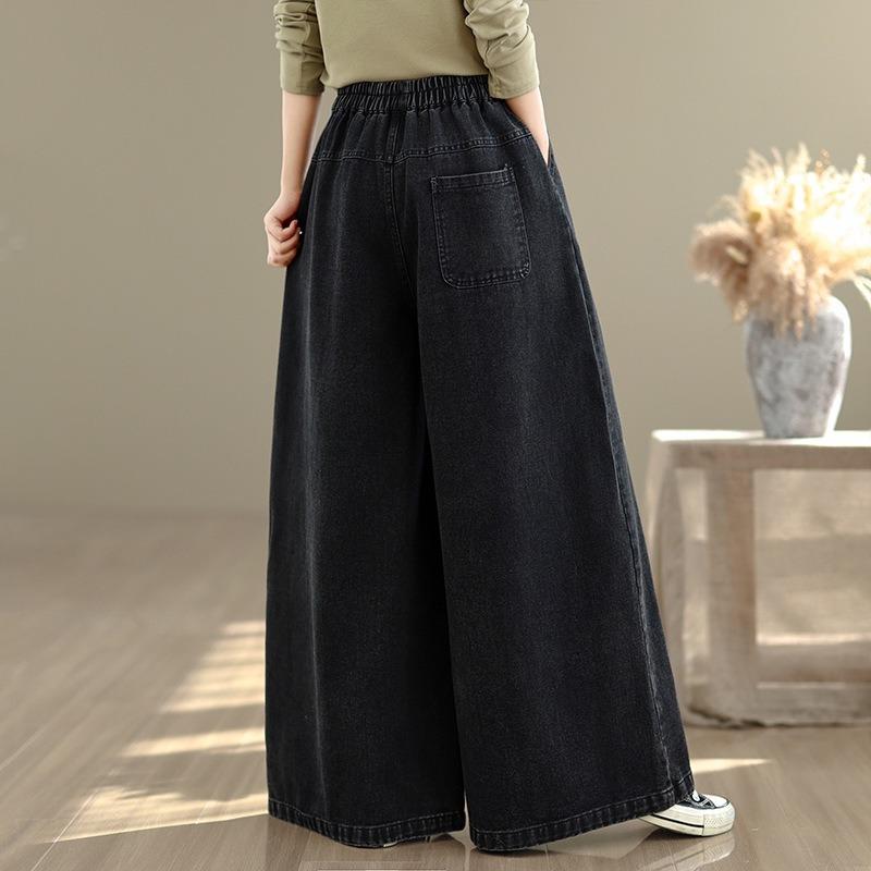 Women's Retro Embroidered Casual Denim Wide Leg Pants Elastic Waist Lazy Sle Loose Slim Straight Pant