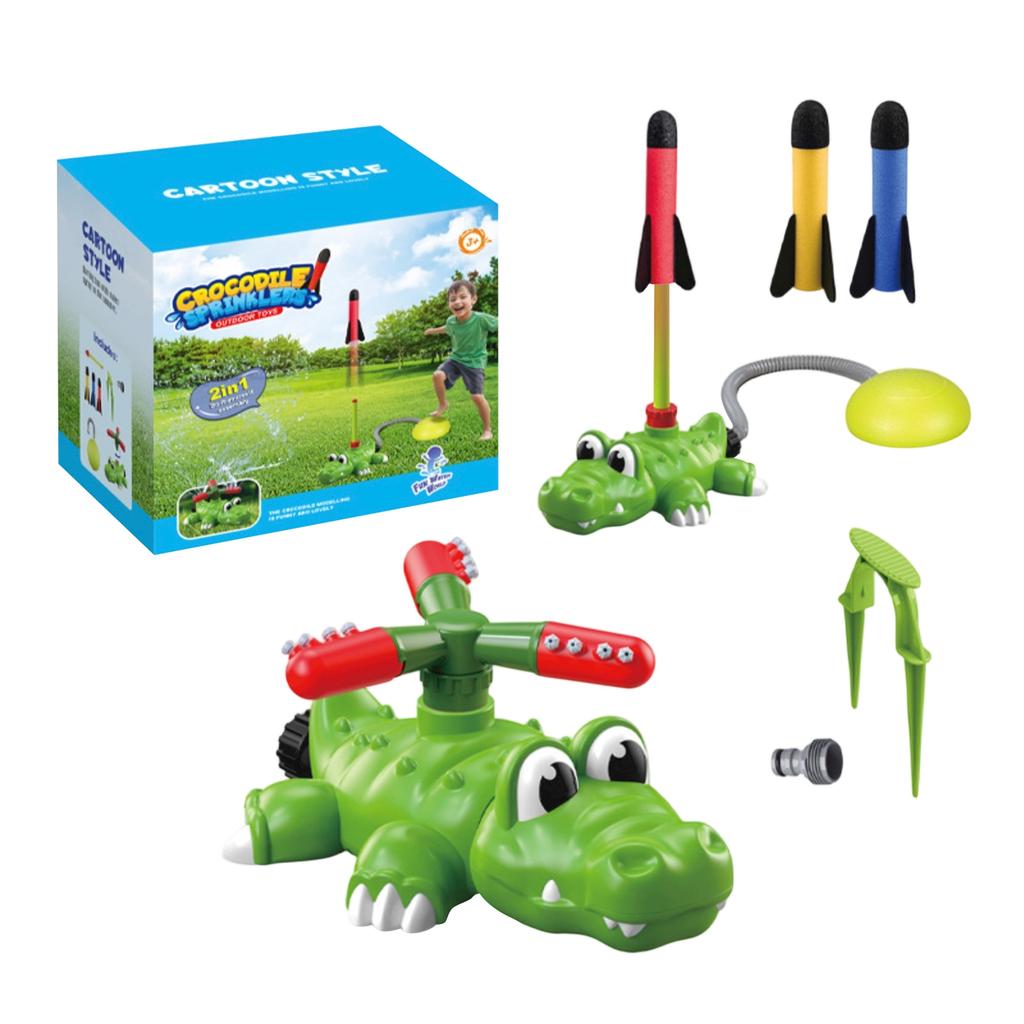 Outdoor Crocodile Sprinkler Toy with Baseball Launcher for Kids Backyard Water Play and Lawn Activities 2 in 1 Summer Garden Game Set for Children