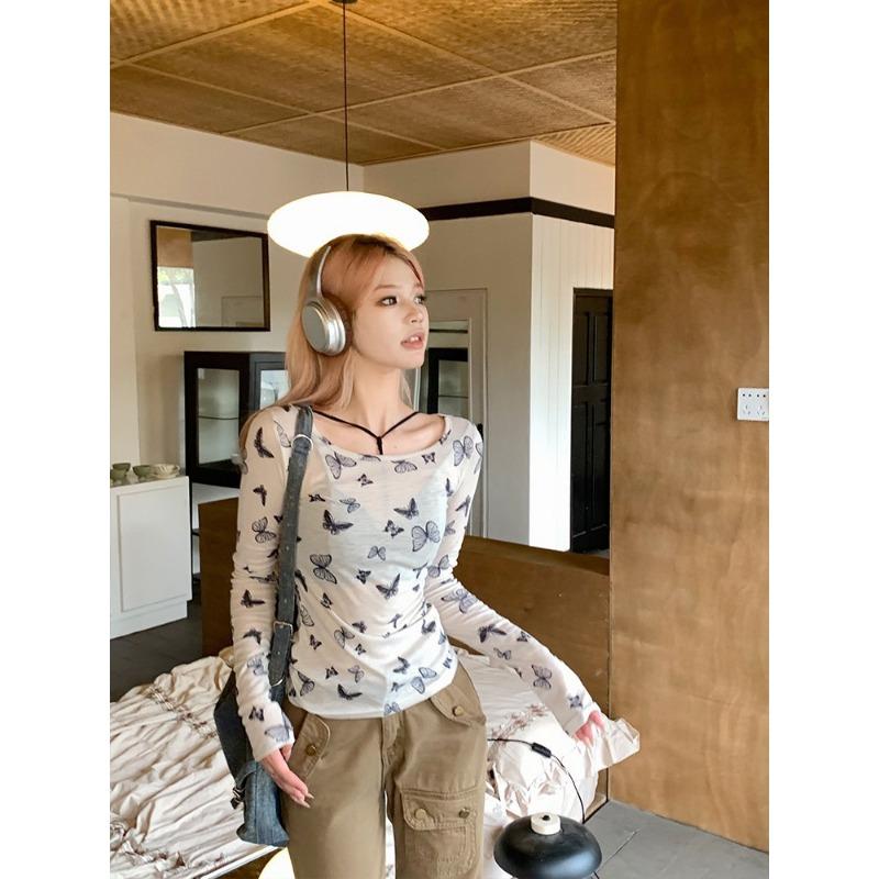 Autumn Winter O Neck Butterfly Printing Long Sleeve Bottomed T-shirt Women Long Sleeve Slim Tee Pullover Top