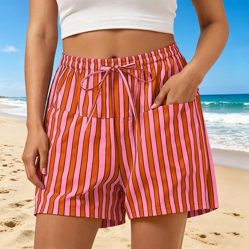Women's Casual Striped Shorts with Elastic Waist and Drawstring Pockets Lightweight Comfortable Summer Bottoms