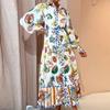 2024 Women's Lantern Sleeve Printed Waist-Cinching Dress