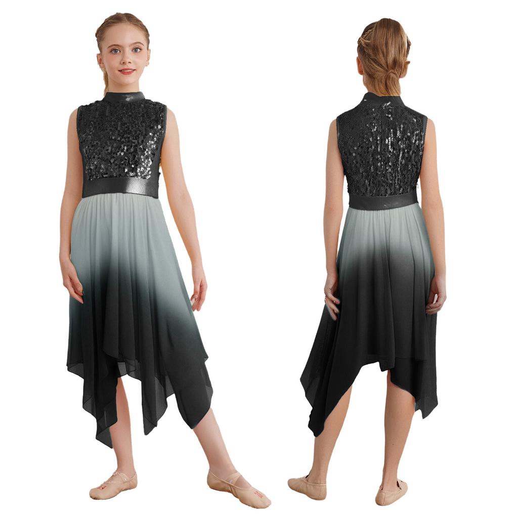 Girls Liturgical Dance Dress - Sleeveless Mock Neck Tunic with Asymmetrical Hem & Shiny Sequins for Worship Performance