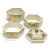 24to3 Three-Tiered Ceramic Jubako Box with Gold Chrysanthemum Design, Hexagonal, Gold