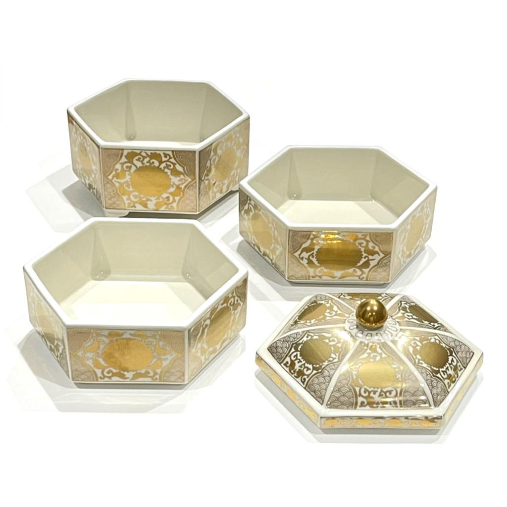 24to3 Three-Tiered Ceramic Jubako Box with Gold Chrysanthemum Design, Hexagonal, Gold