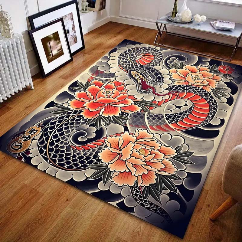 Snake Japanese Tattoo Art Print Carpet for Living Room Bedroom Bedside Sofa Floor Mat Modern Home Decor Area Rug Large Size