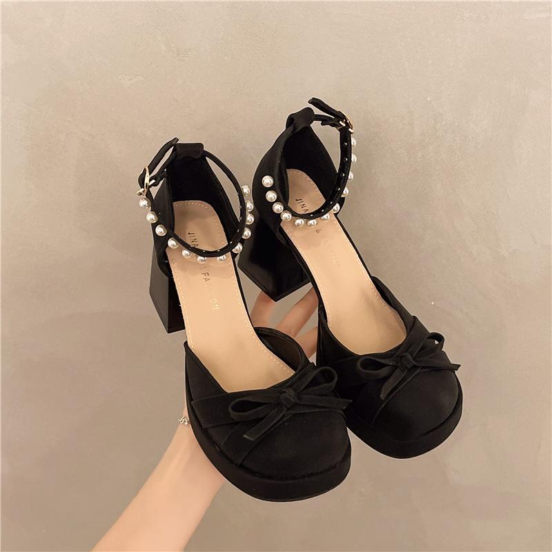 Französische Sandalen mit dickem Absatz und Schleife Damen 2025 Sommer kleiner quadratischer Kopf Schleife Tasche Kopf superhohe Absatzsandalen Damen