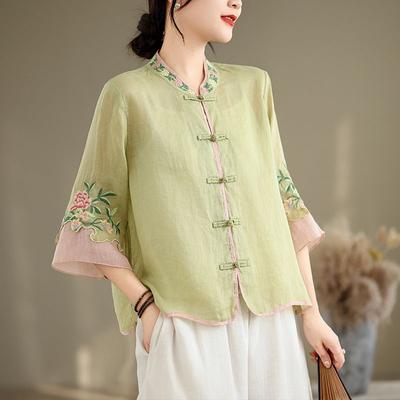 Koszula damska z haftem kwiatowym w stylu vintage, guziki, kołnierzyk ze stójką, luźna, bawełniana, lniana bluzka, letnie, eleganckie bluzki z rękawami 3/4