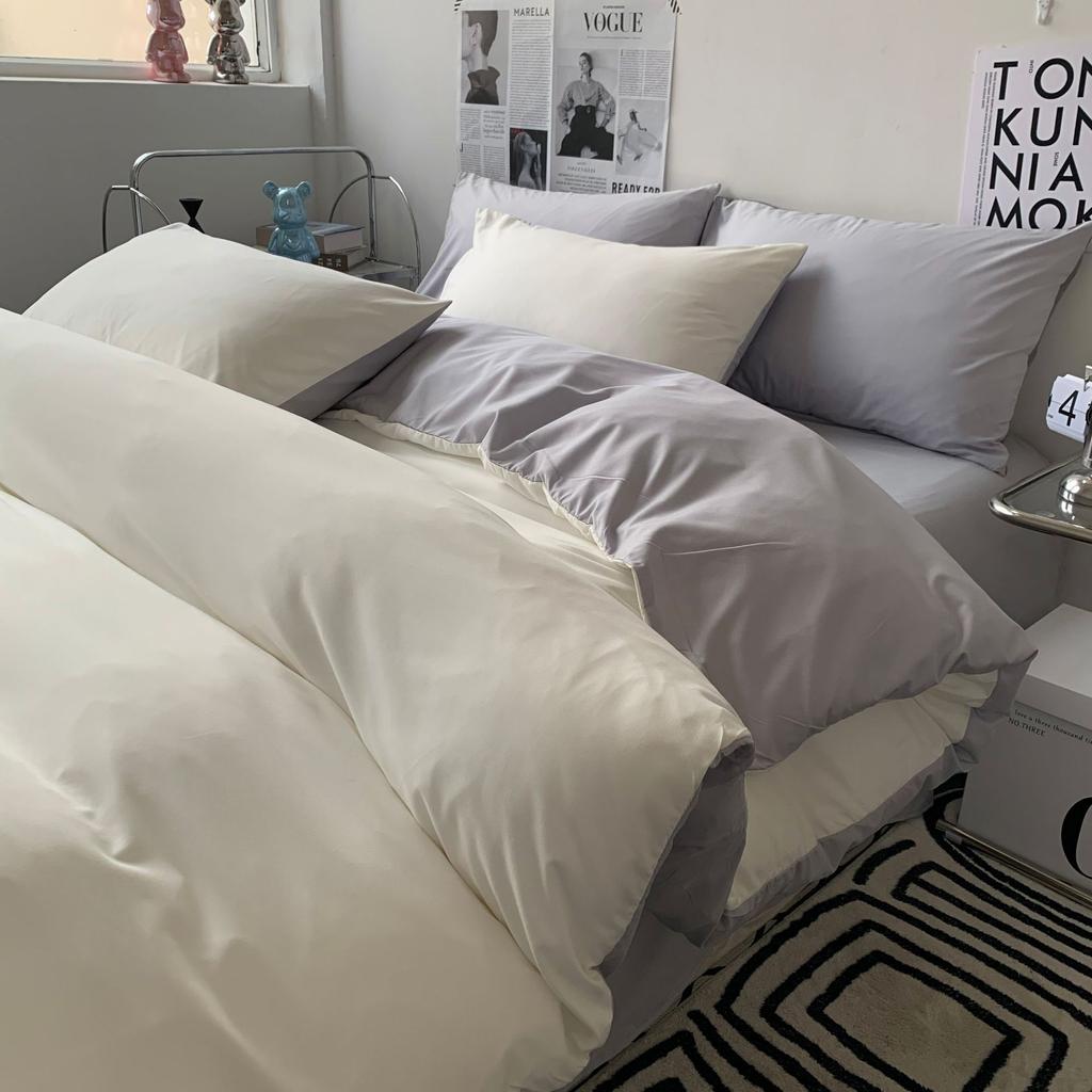 Solid-color Japanese Pure Cotton Four-piece Bed Cover Set with Double-sided Washed Cotton Bed Sheets and Quilt Cover