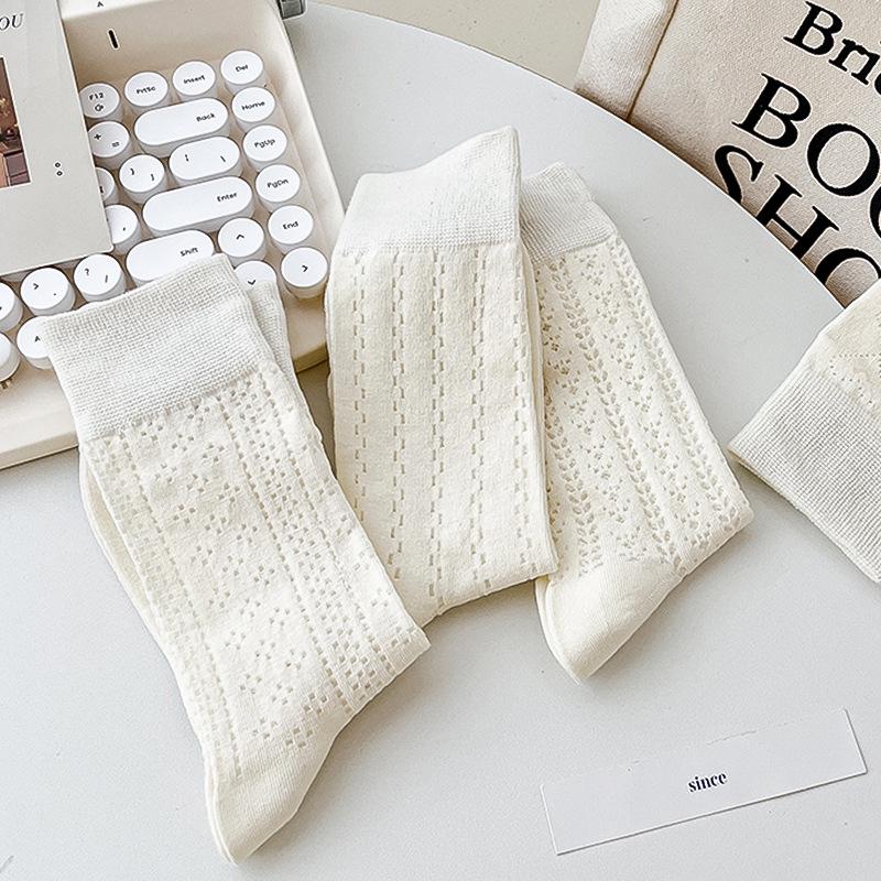 Women's Japanese Style Breathable Pure Cotton Long Socks - Milky White, Soft Pile, Versatile for Spring and Autumn.