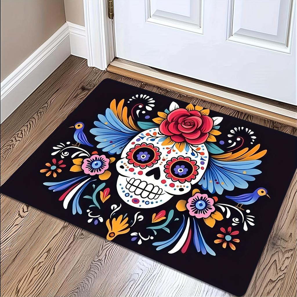 Day of the Dead doormat - featuring vibrant skull and floral designs, perfect for Halloween and cultural celebrations