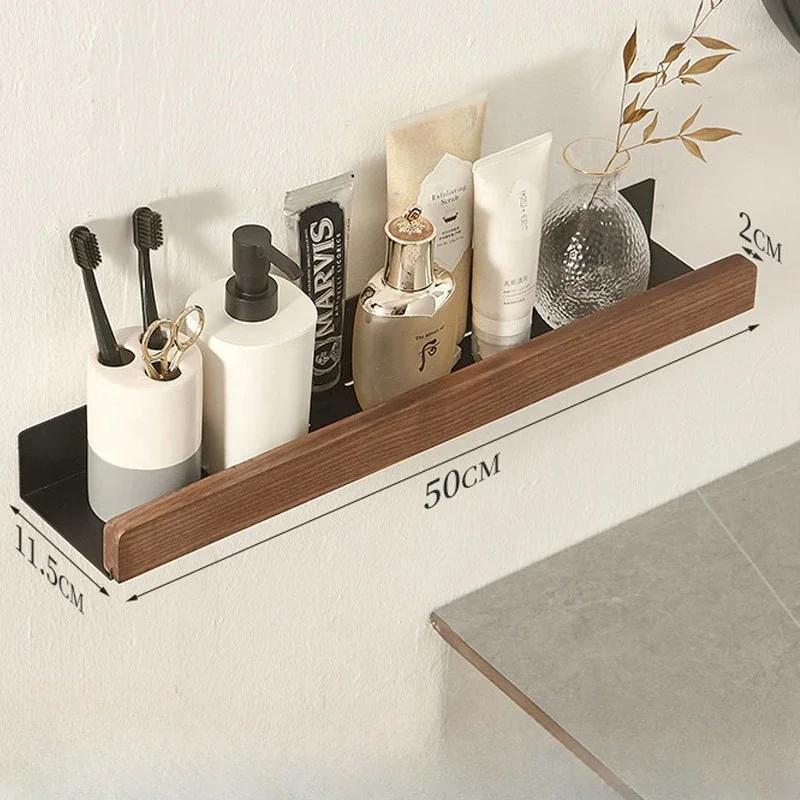 Bathroom Shelf No Punch Storage Rack Solid Wood Bathroom Shelves Punch-Free Wooden Shelf Wall-Mounted Shower Toilet Organizer