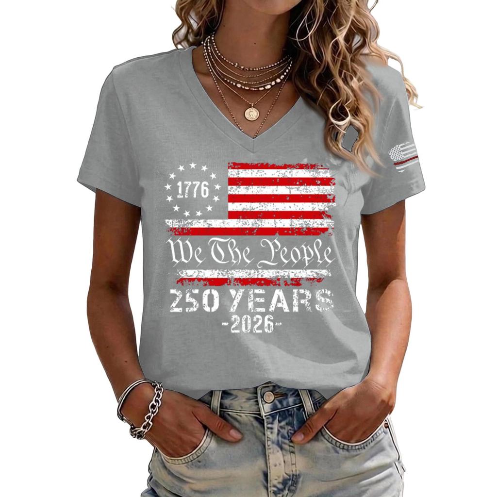 Womens Casual V Neck Short Sleeve Pullover T Shirt with 1776 2026 Flag Print Comfortable Fit Soft Fabric Top