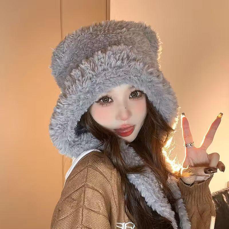 

Уютная плюшевая шапка с медвежьими ушками и защитой ушей для осени/зимы - подходит для большого обхвата головы One Size светло-серый