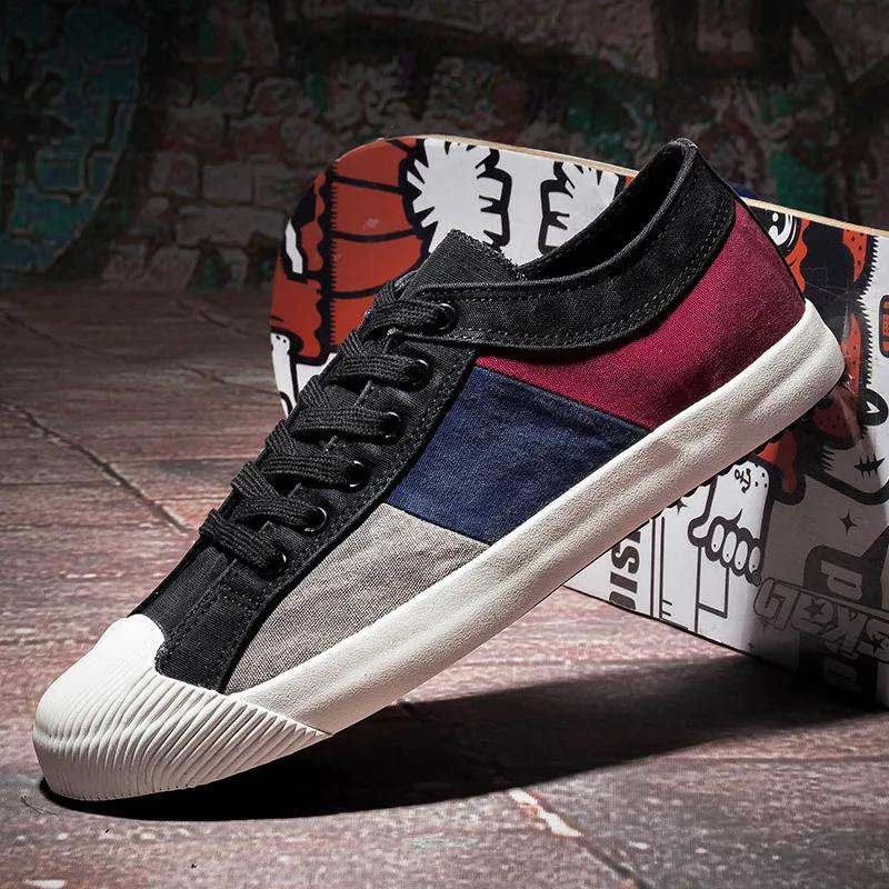 Men Colorblock Canvas Shoes Breathable Casual Shoes Loafers Soft Comfortable Outdoor Flat Shoes Male Lace-Up Plimsolls