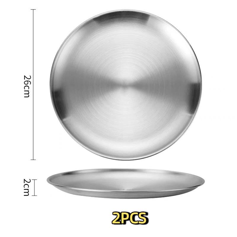 2Pcs Silver Stainless Steel Round Plates Rust Proof Food Safe Dinner Dishes for Home Outdoor BBQ Camping Picnic