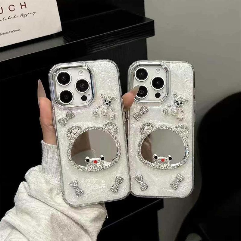Pearl Bow Bear Mirror Mobile Phone Case For Iphone17Pro Epoxy Apple 15 Glitter 14 Women'S Models